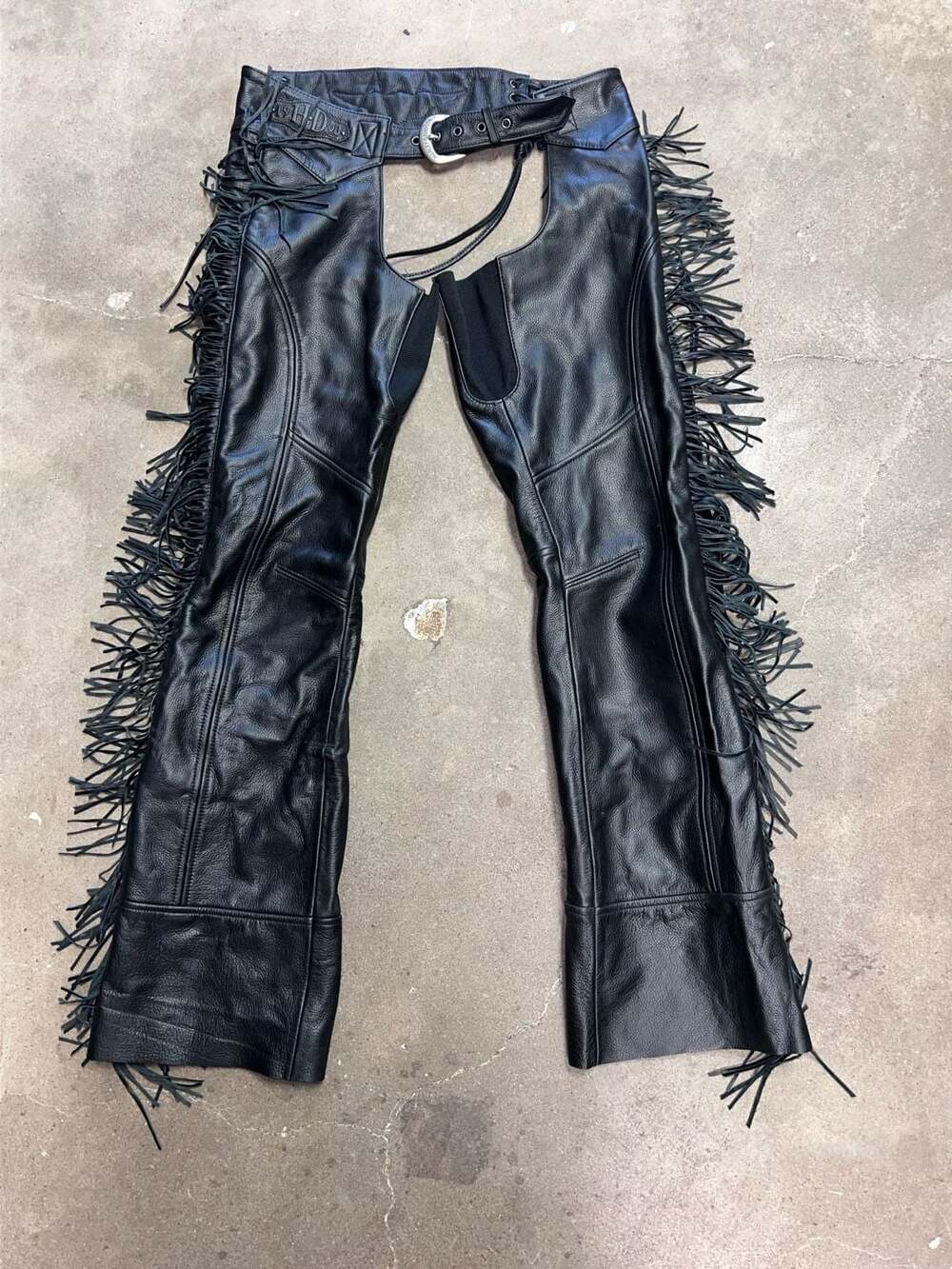 Harley Davidson Womens Black Leather Fringe Motorcycle Chaps Small Black Cowhide